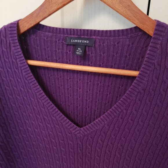 Lands End Cable Knit Purple V-Neck Sweater XL - Picture 2 of 3